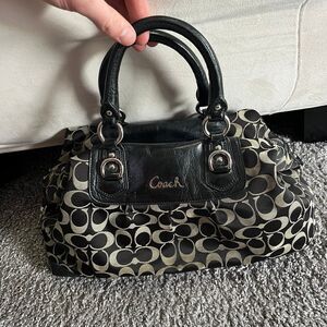 Coach Ashley Signature Logo Satchel Handbag Purse F15440 Black Leather Sateen